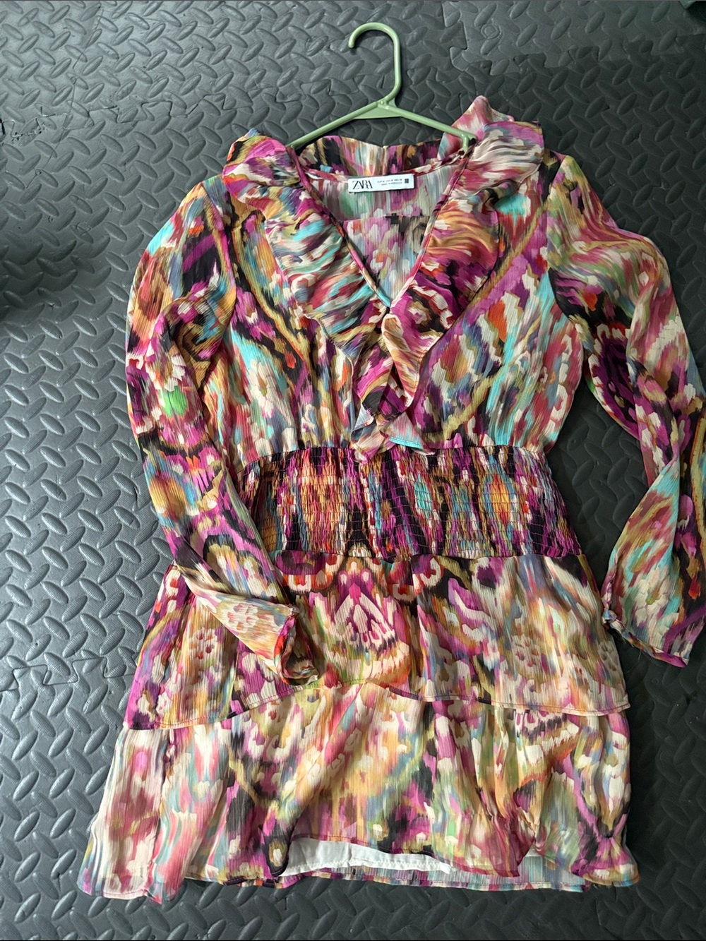 Zara Multicolor Ruffled Smocked Waist Dress — Pink, Teal, Purple, Gold